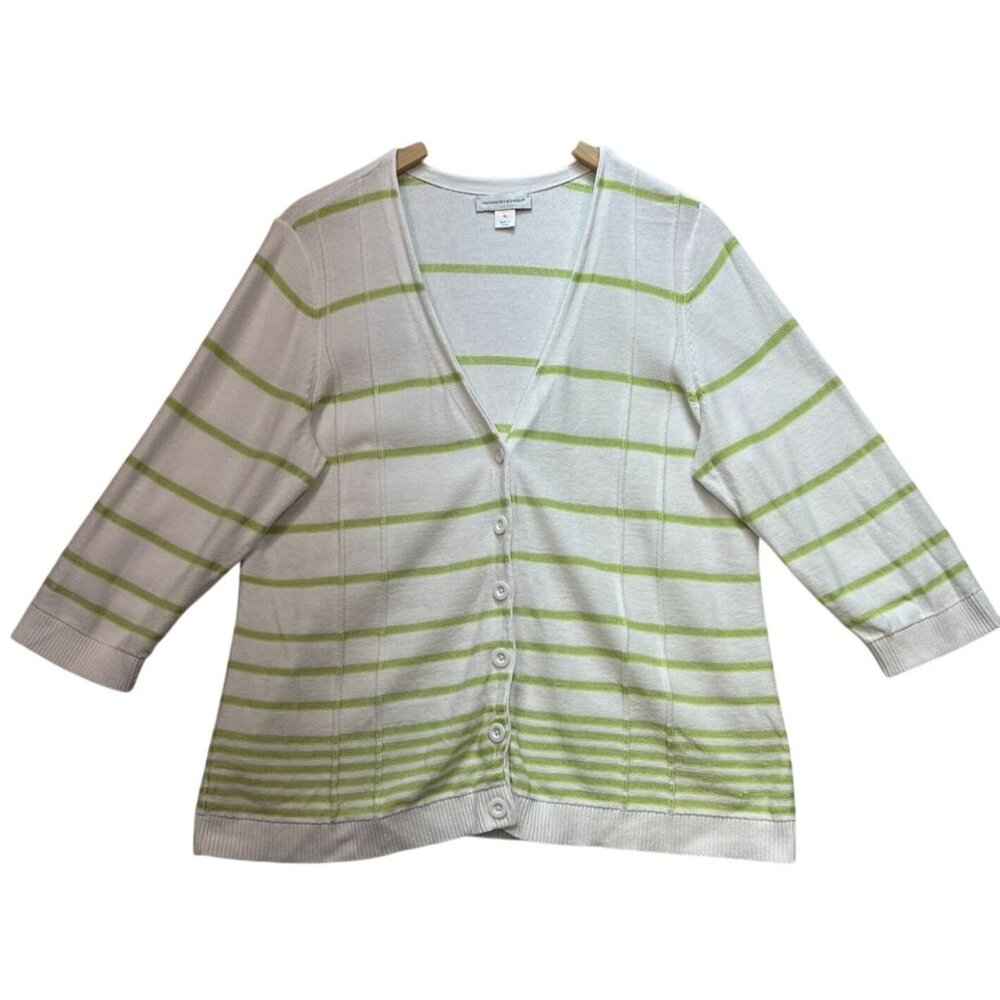 Christopher & Banks Womens Button Up Cardigan Sweater Size XL White Green Stripe